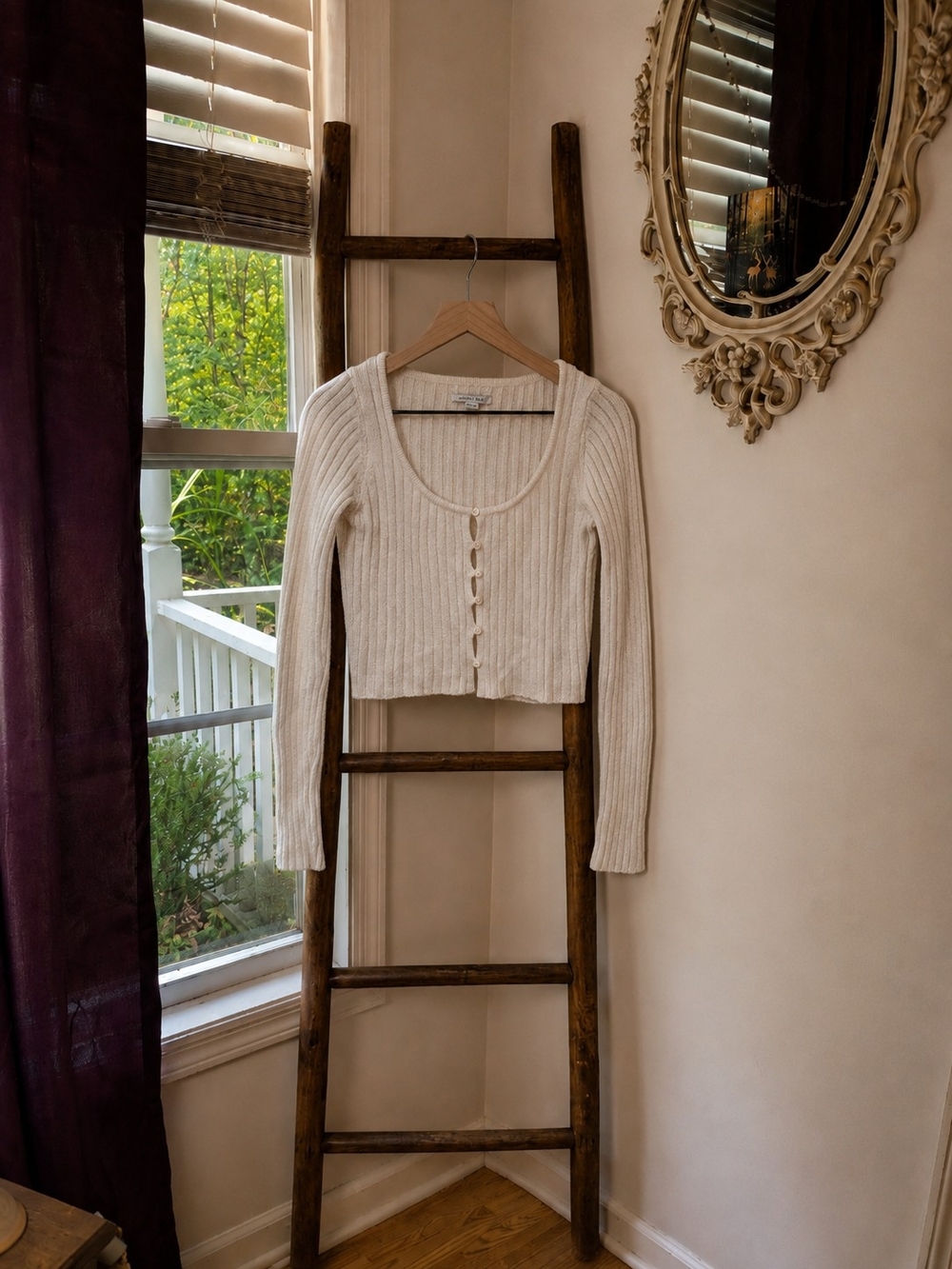 American Eagle Outfitters Cream Ribbed Button Up Cropped Cardigan